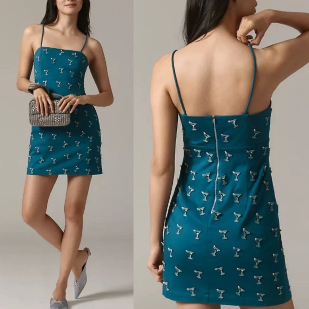 NWT Anthropologie Maeve Brynne 3D Embellished Martini Dress in Blue 4